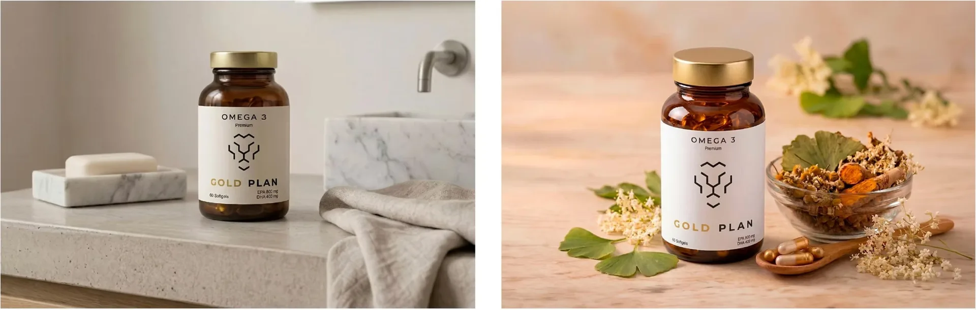 Frascos Omega 3 de Gold Plan en un baño y entre hierbas