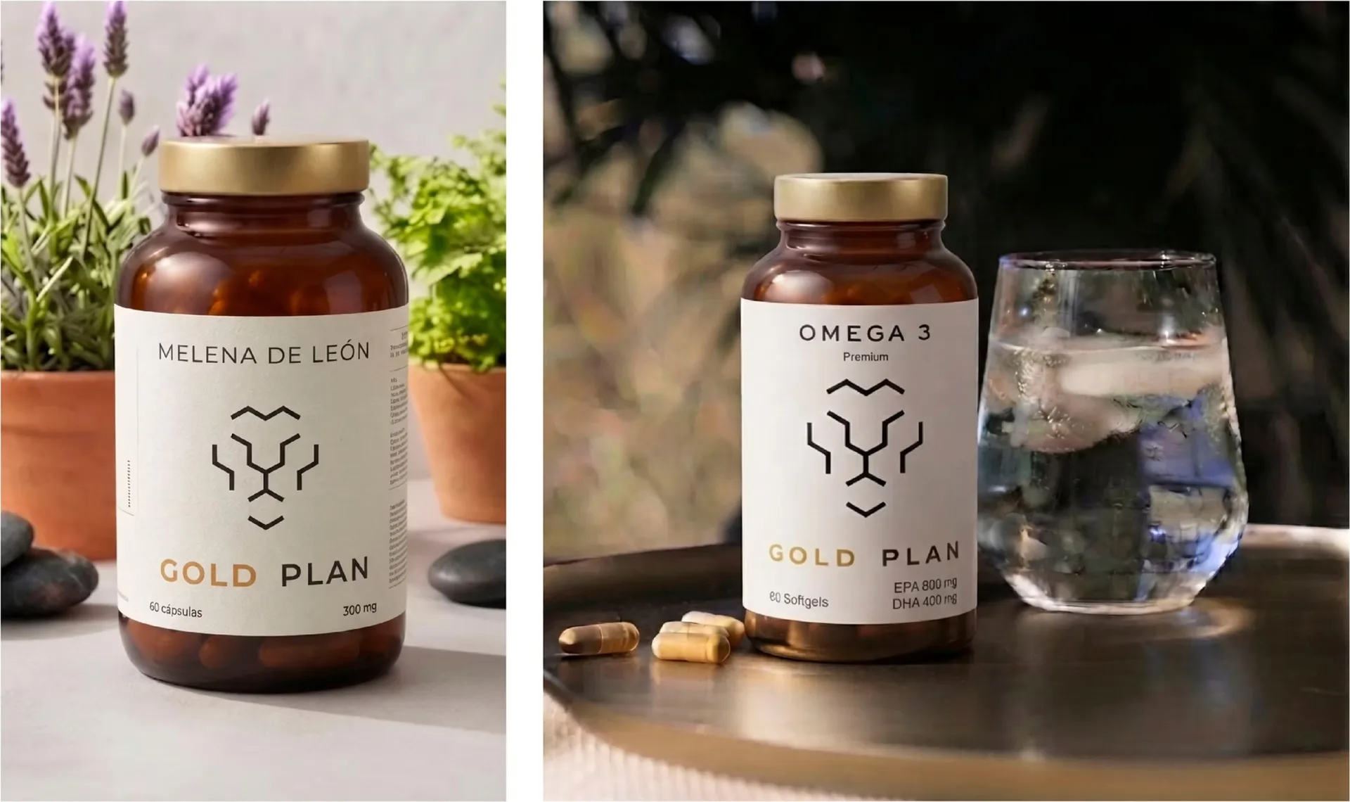 Frascos Melena de León y Omega 3 de Gold Plan