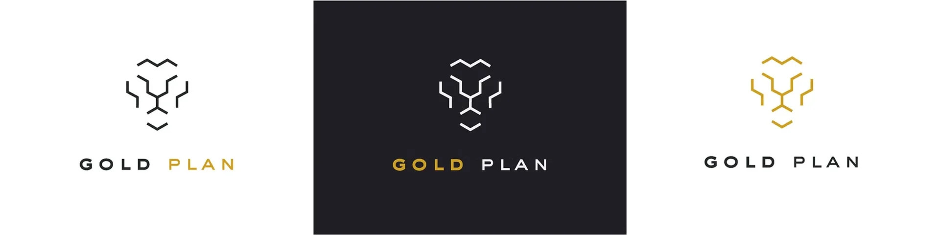 Versiones del logotipo Gold Plan sobre blanco y fondo oscuro