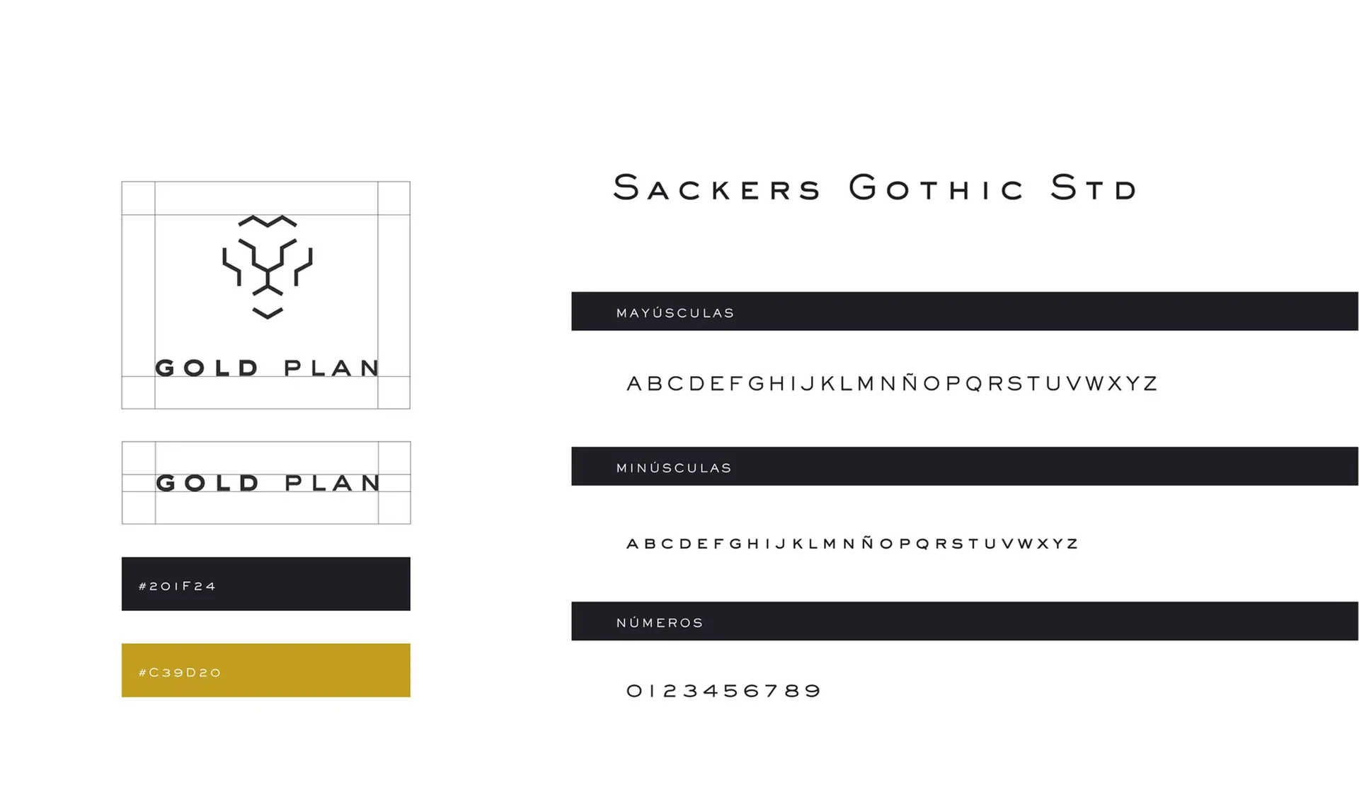 Sistema de marca: logotipo, colores #201F24 y #C39D20 y tipografía Sackers Gothic Std