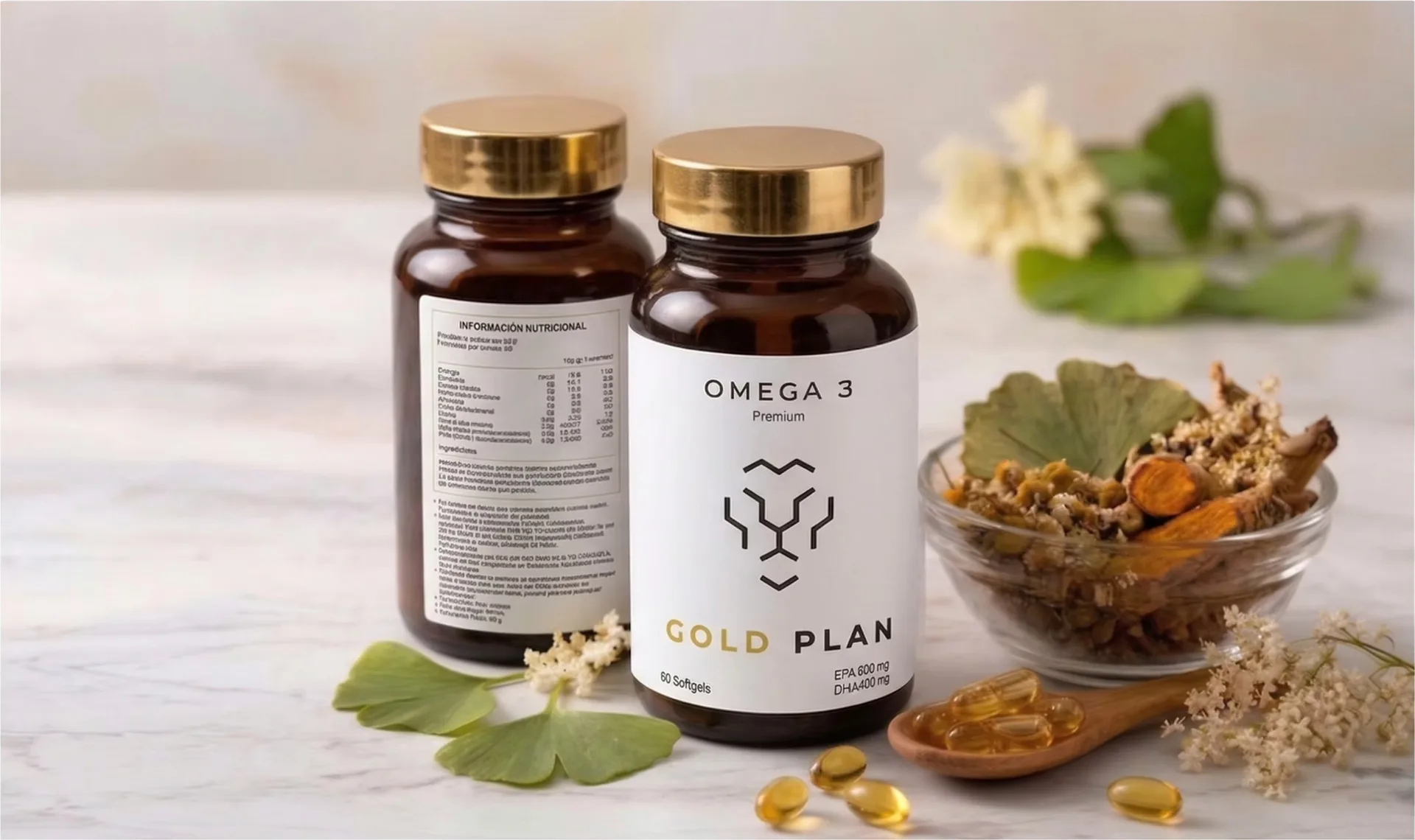 Frascos Gold Plan entre flores y raíces
